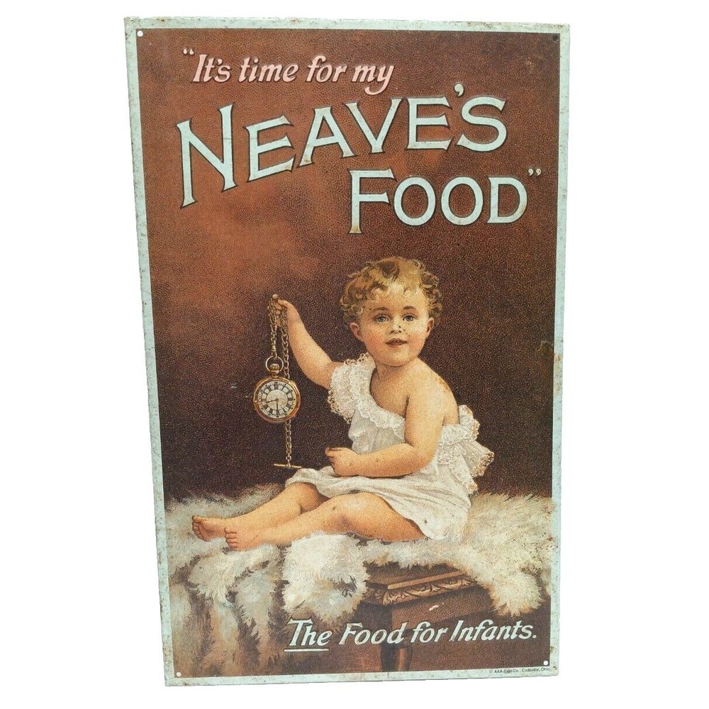 Vintage Embossed Tin Sign NEAVE'S FOOD for INFANTS ADVERTISING PLAQUE 10" x 16"